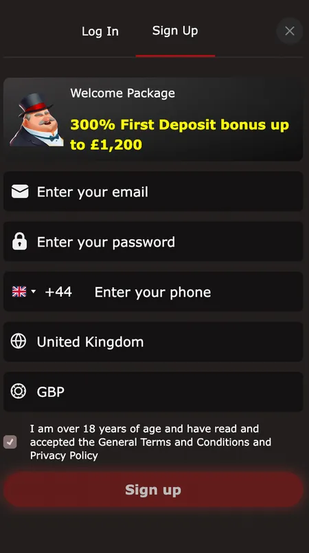Mr Jones Casino sign-up form first step
